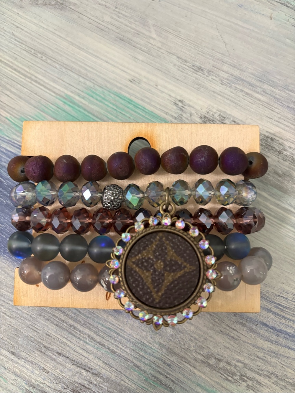 Multi-Row Beaded Stretch Bracelet Set with Decorative Pendant
